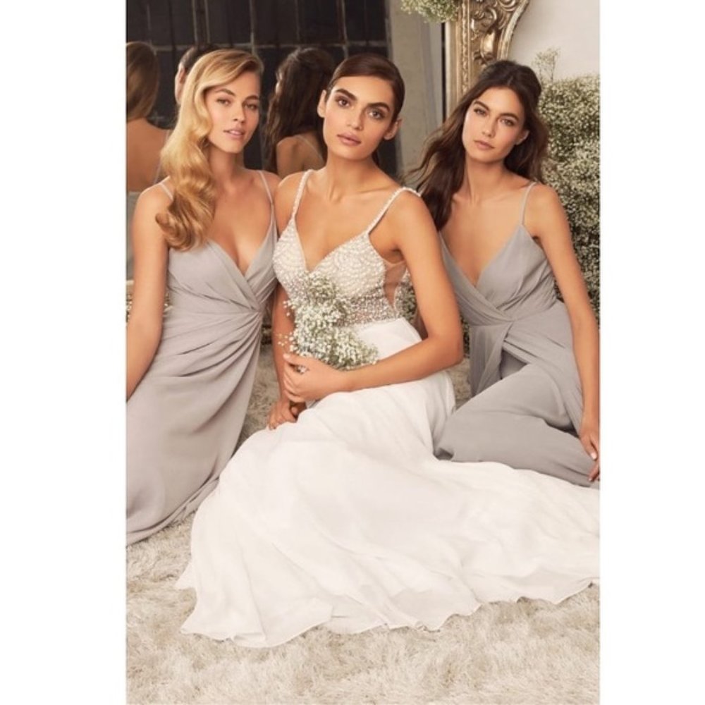 Lulu's True Love White Plunge Open Back Beaded Rhinestone Maxi Wedding Dress